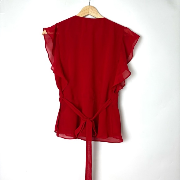 If By Sea Red Short Sleeve V Neck Wrap Blouse - Picture 4 of 6